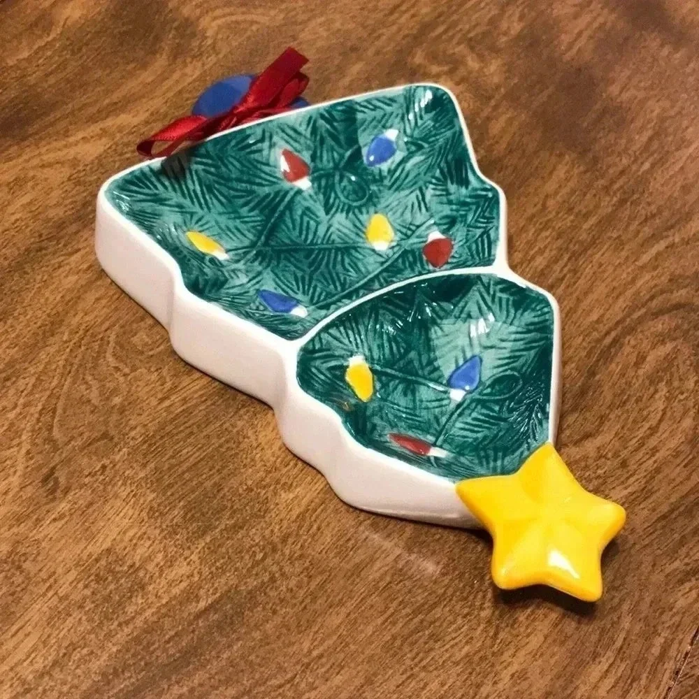 Hallmark Ceramic Christmas Tree Candy Dish‎ 2 Section Divided Server Tray Star
